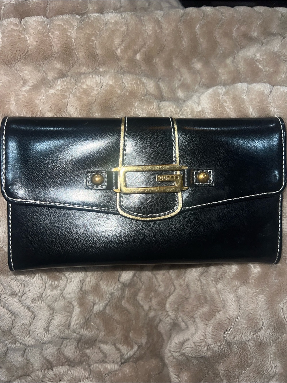 GUESS Black Y2K  Leather Clutch with Gold Buckle Detail- perfect condition!